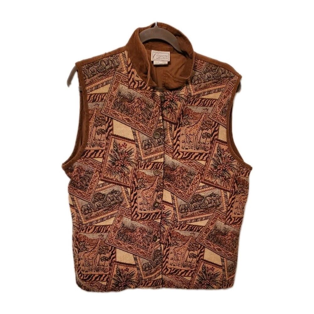 VINTAGE COMPANY COLLECTION XL Brown Safari Postcard Vest Grandpa Animal Art